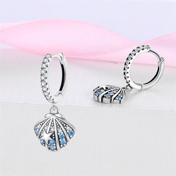 Sterling Silver Seashell Hoop Earrings with Blue Zircons S925 - Picture 4 of 5